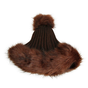 Brown Knit and Fur Pom Beanie  Brown, Multi Tone