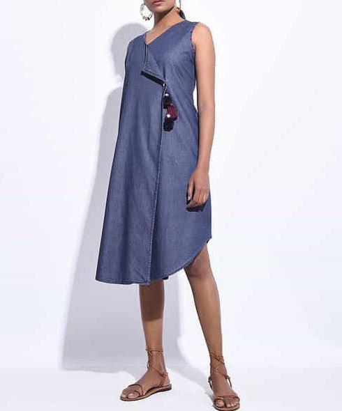 Women Blue Denim Hand Embroidered Wrap Dress