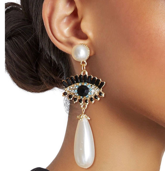 Cream Teardrop Evil Eye Earrings