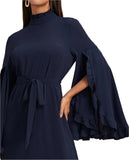 Mock-Neck Ruffle Trim Split Sleeve Belted Dress