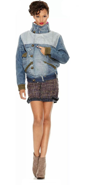 DESIGUAL Women Jacket Embellished Denim Faux Leather Short Padded