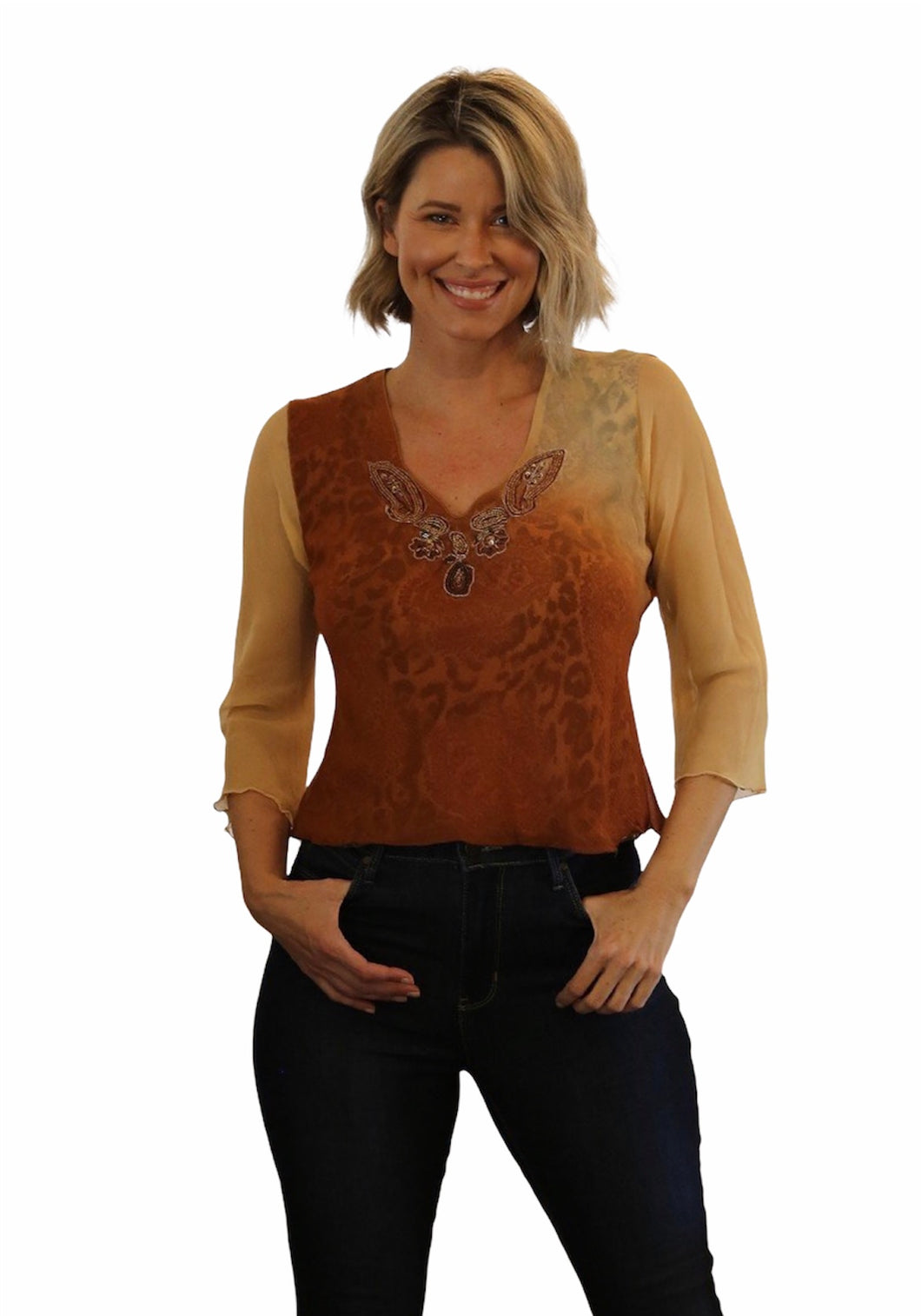 Sheer Top with Embellishment V-Neck Top.