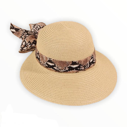 Straw sun hat with python print I scarf edge