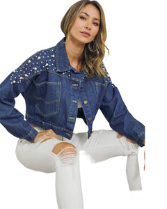 Cropped Denim Jacket with Pearl