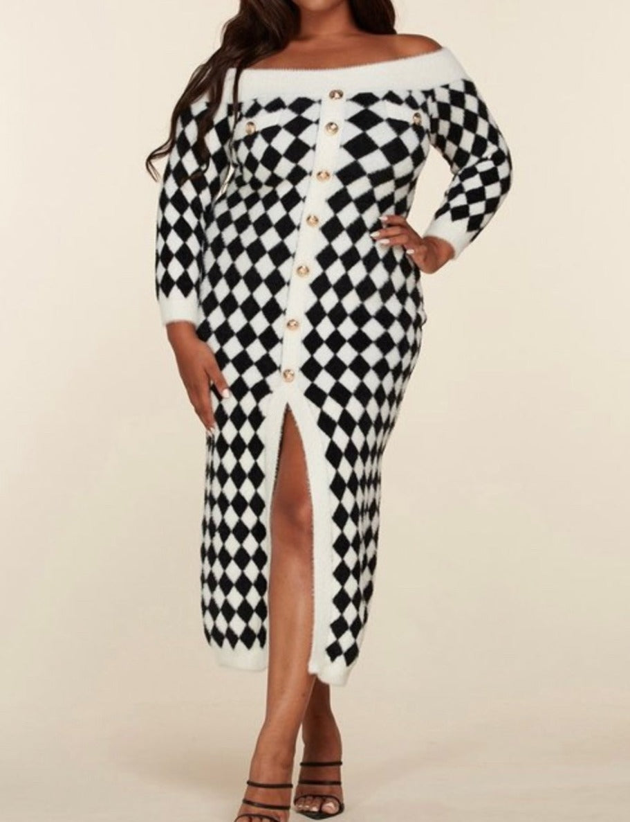 Fuzzy Checkered Print Sweater Dress