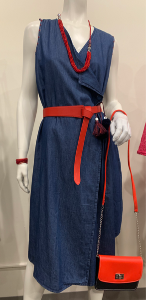 Women Blue Denim Hand Embroidered Wrap Dress