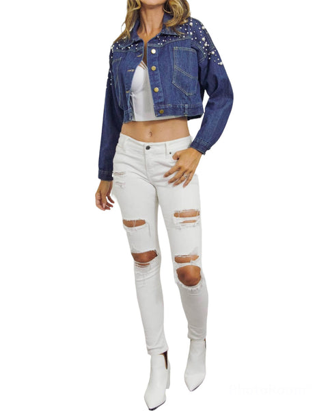 Cropped Denim Jacket with Pearl