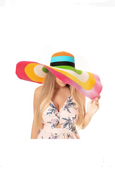 Multicolor Striped Extra Wide Floppy Brim Paper Straw Sun Hat