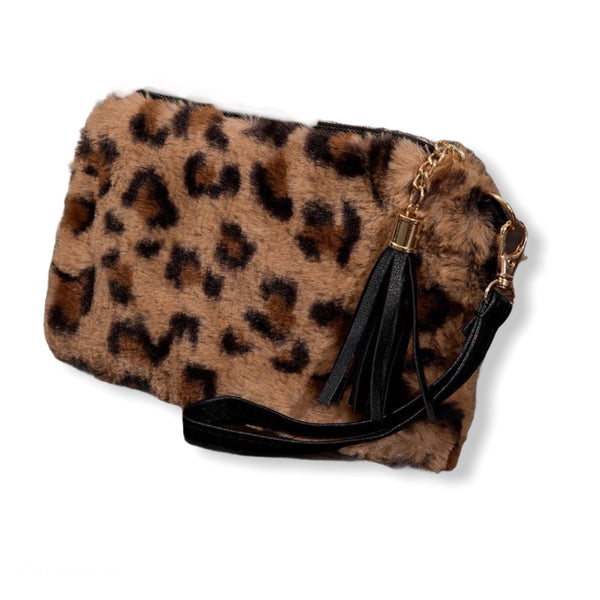 Leopard print faux fur with detachable wristlet pouch bag