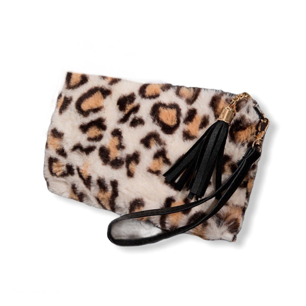 Leopard print faux fur with detachable wristlet pouch bag