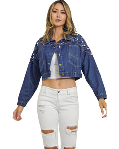Cropped Denim Jacket with Pearl
