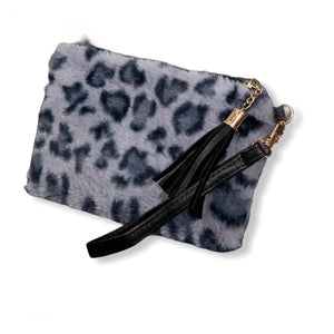 Leopard print faux fur with detachable wristlet pouch bag