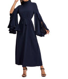 Mock-Neck Ruffle Trim Split Sleeve Belted Dress