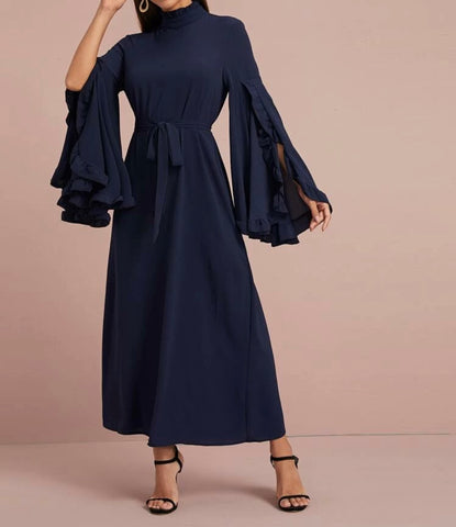 Mock-Neck Ruffle Trim Split Sleeve Belted Dress