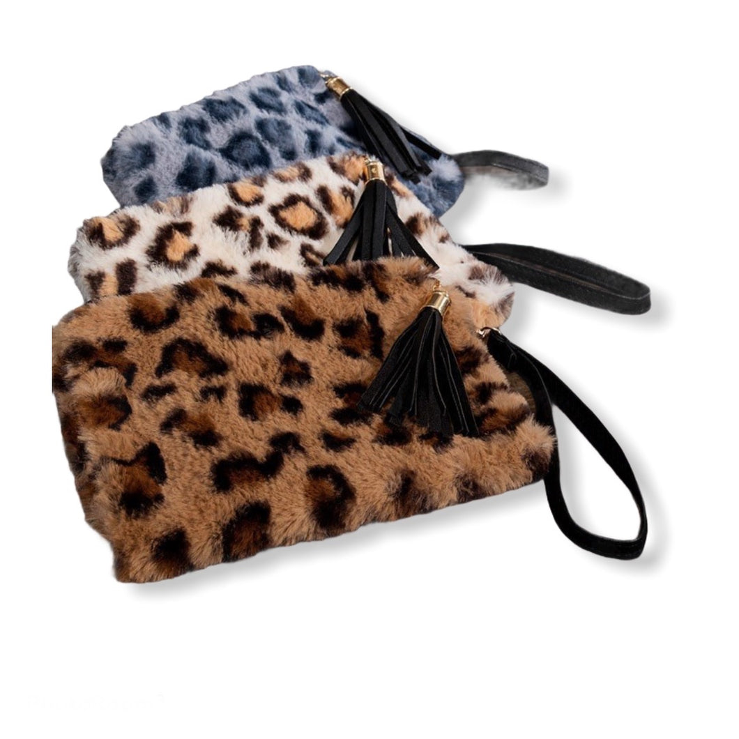 Leopard print faux fur with detachable wristlet pouch bag