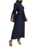 Mock-Neck Ruffle Trim Split Sleeve Belted Dress