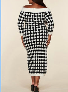 Fuzzy Checkered Print Sweater Dress