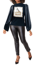Load image into Gallery viewer, Knit top w/PU sleeve &amp; rhinestone patch