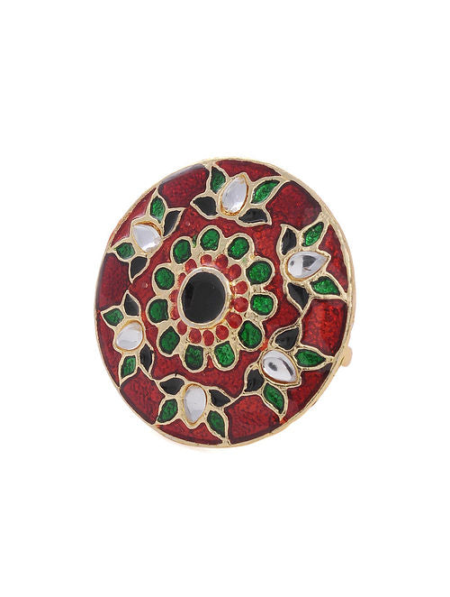 Red Green Gold Tone Enameled Ring