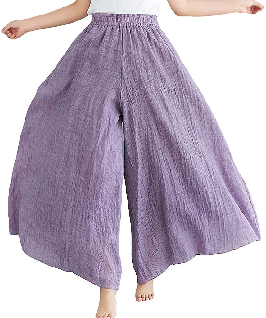 Women's Pants Palazzo Wide Leg Lounge Pants Elastic Casual Loose High Waist  Relax Fit Cotton Linen Trousers Purple L 